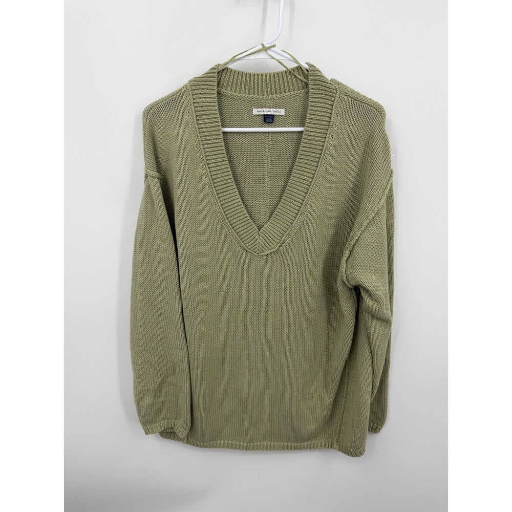 American Eagle Deep V-Neck Oversized Sweater Womens XS Green Shaker Knit Slouchy